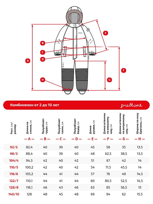 Размерная сетка комбинезона Premont Звезды Ориона WP91173