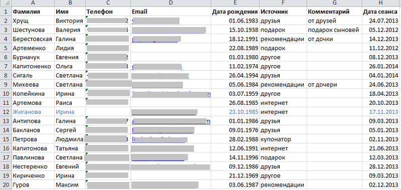 Таблица по клиентам образец