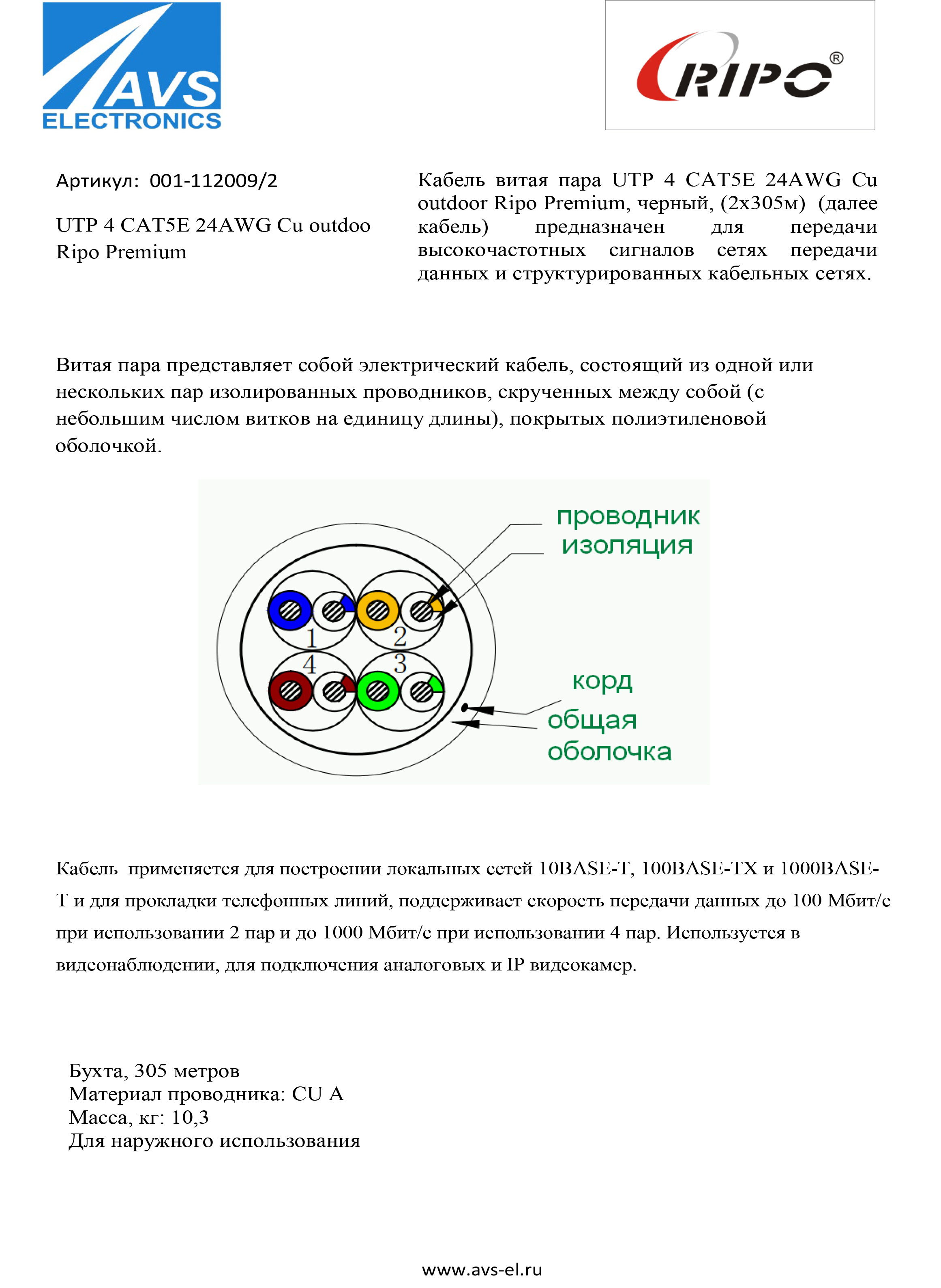 Кабель витая пара UTP 4 пары Ripo (Рипо) CAT5E 24AWG Cu outdoor solid ...