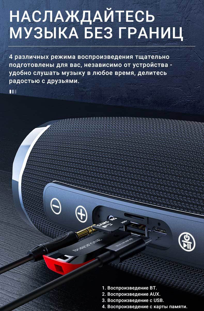 Влагозащитная колонка Bluetooth Borofone BR3 с радио FM, порты AUX, TF, USB, режим TWS, звонки (Черный)