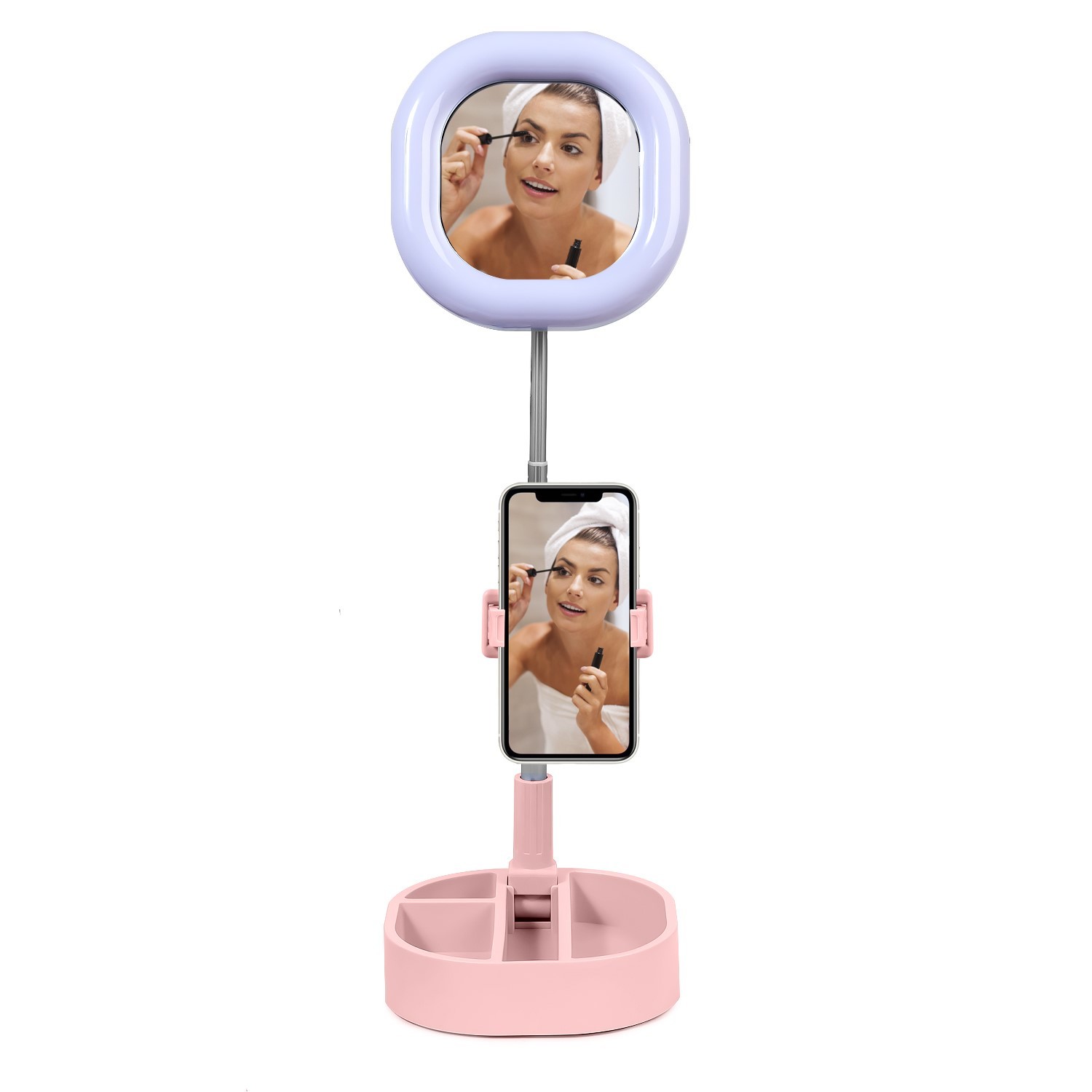 Настольная подставка/штатив + Селфи-кольцо с зеркалом и держателем для телефона Y3 (Розовый)
