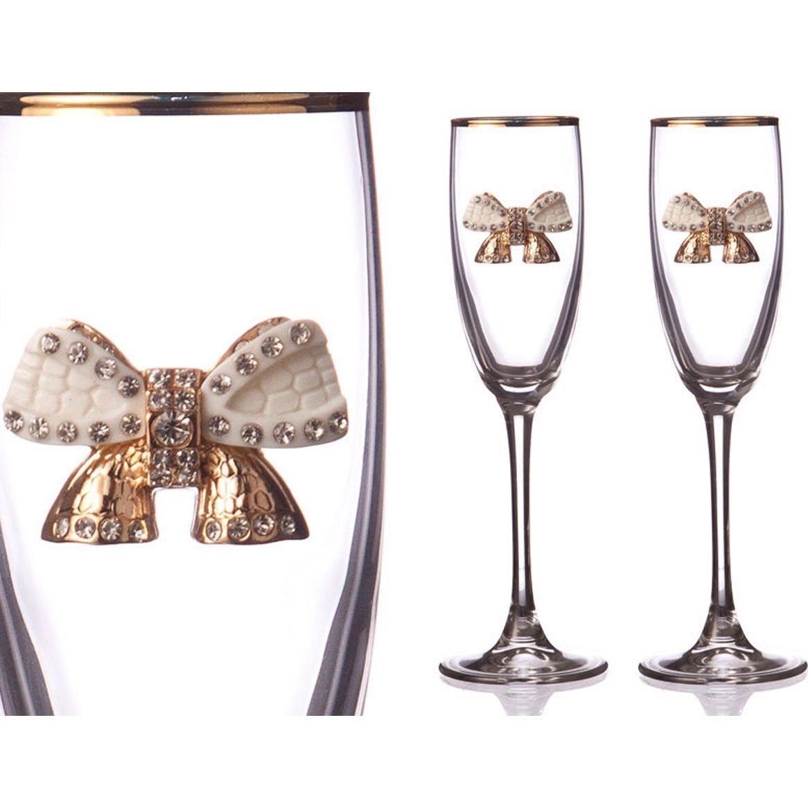 Набор бокалов для шампанского с золотой каймой и бантиком, 170 мл, 2 шт набор бокалов для шампанского 170 мл tulipa