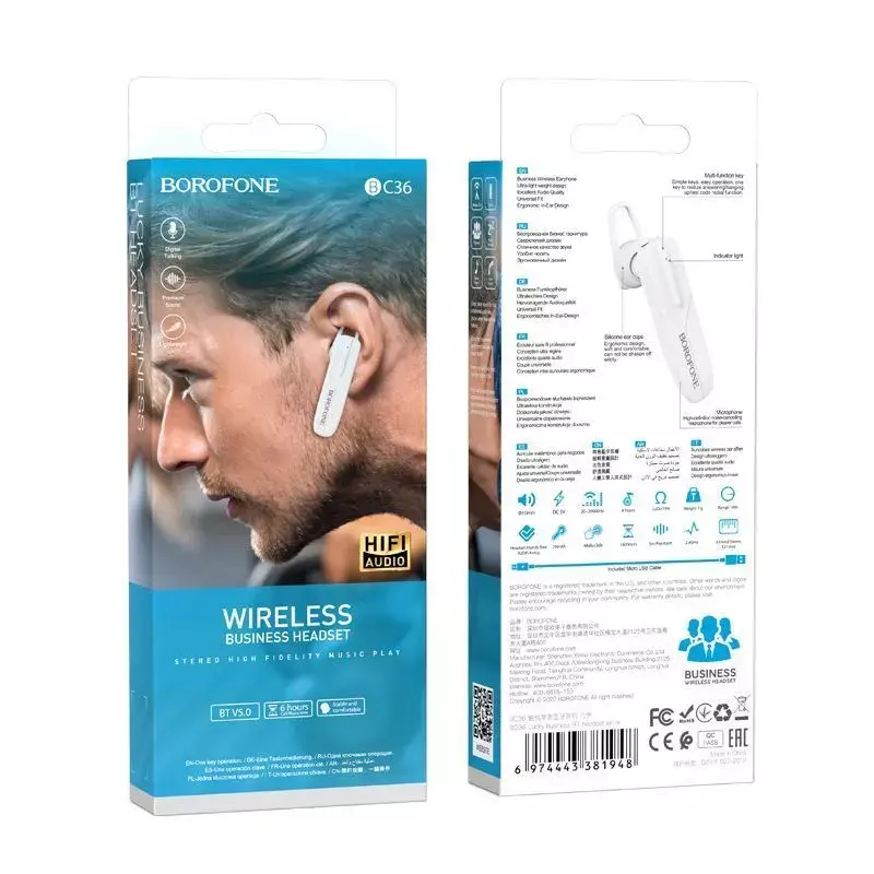 Гарнитура Bluetooth Borofone BC36, 6 часов (Белый)