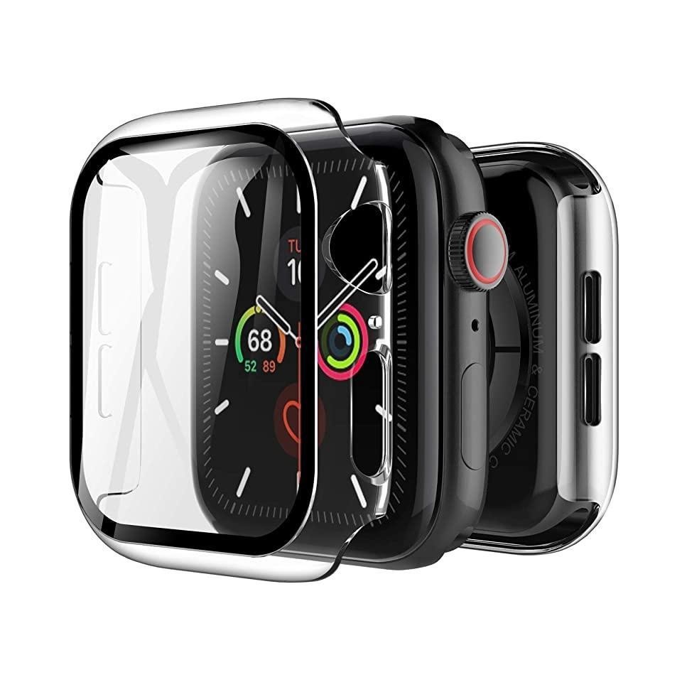 Силиконовый чехол 360 с полной защитой экрана для Apple Watch 44 мм (Прозрачный с черным)