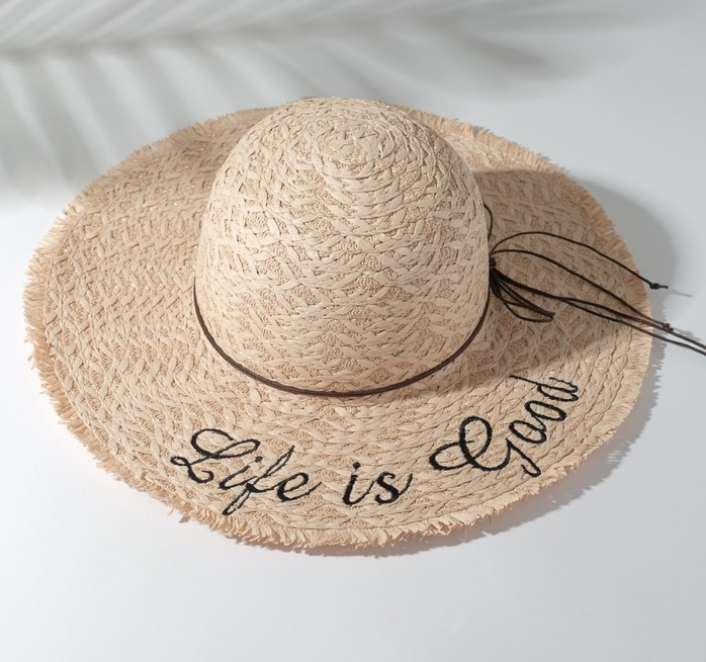 

Шляпа женская соломенная с надписью "Life is good"цвет светло-розовый