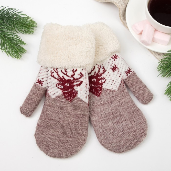 

Варежки женские с Оленем, цвет бежевый-коричневый