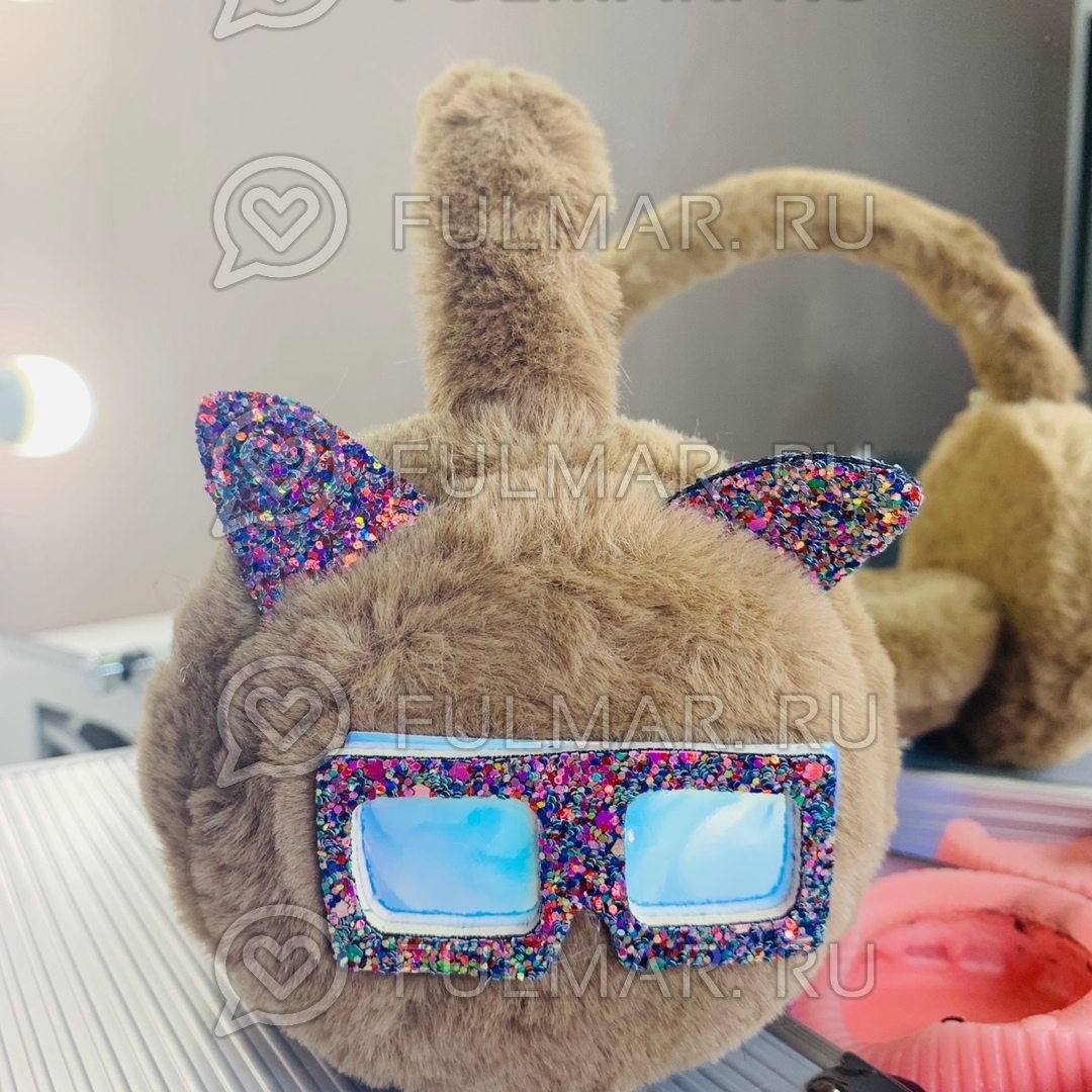 

Ободок на уши Плюшевый с блёстками Котик в очках Коричневый