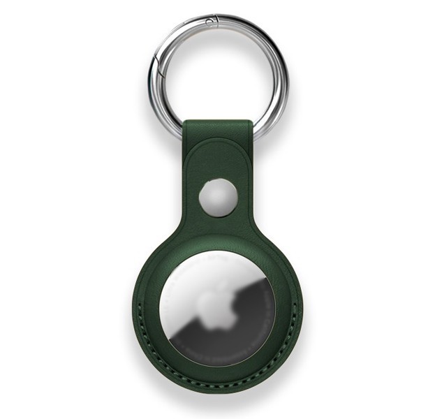 Кожаный чехол - брелок подвеска с кольцом-держателем на кнопке для AirTag (Темно-зеленый)