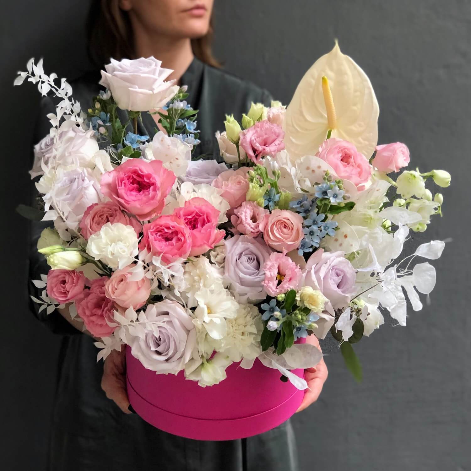 Bouquet In The Box Magic Dream Delivery To Lviv Kvitna Anthurium Hydrangea Oxypetalum Rose Pion Shaped Rose Ruscus Eustoma Pink