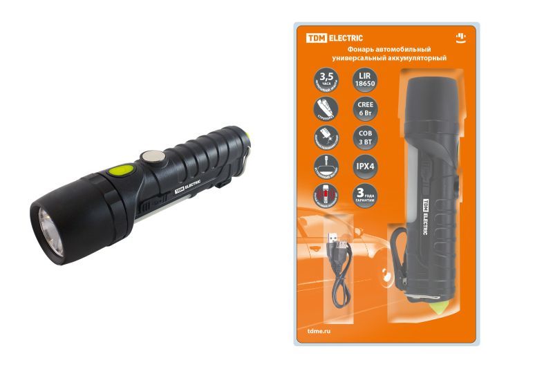 Фонарь автомоб. универс., 6 Вт CREE+3 Вт COB,1x18650 2200 мА*ч, магн., подвес, USB, стропорез,TDM