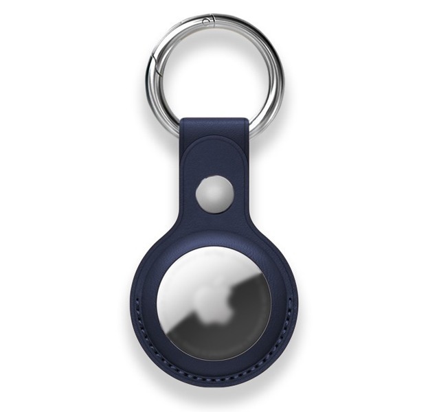 Кожаный чехол - брелок подвеска с кольцом-держателем на кнопке для AirTag (Темно-синий)