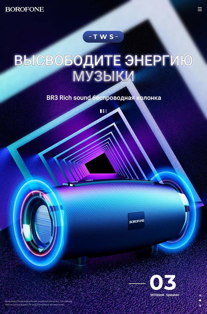 Влагозащитная колонка Bluetooth Borofone BR3 с радио FM, порты AUX, TF, USB, режим TWS, звонки (Синий)